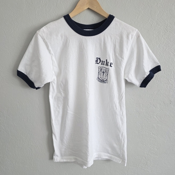 VNTG Duke University Unisex Blue Devils White Navy Single Stich T-Shirt Sz XS/S - Picture 1 of 5